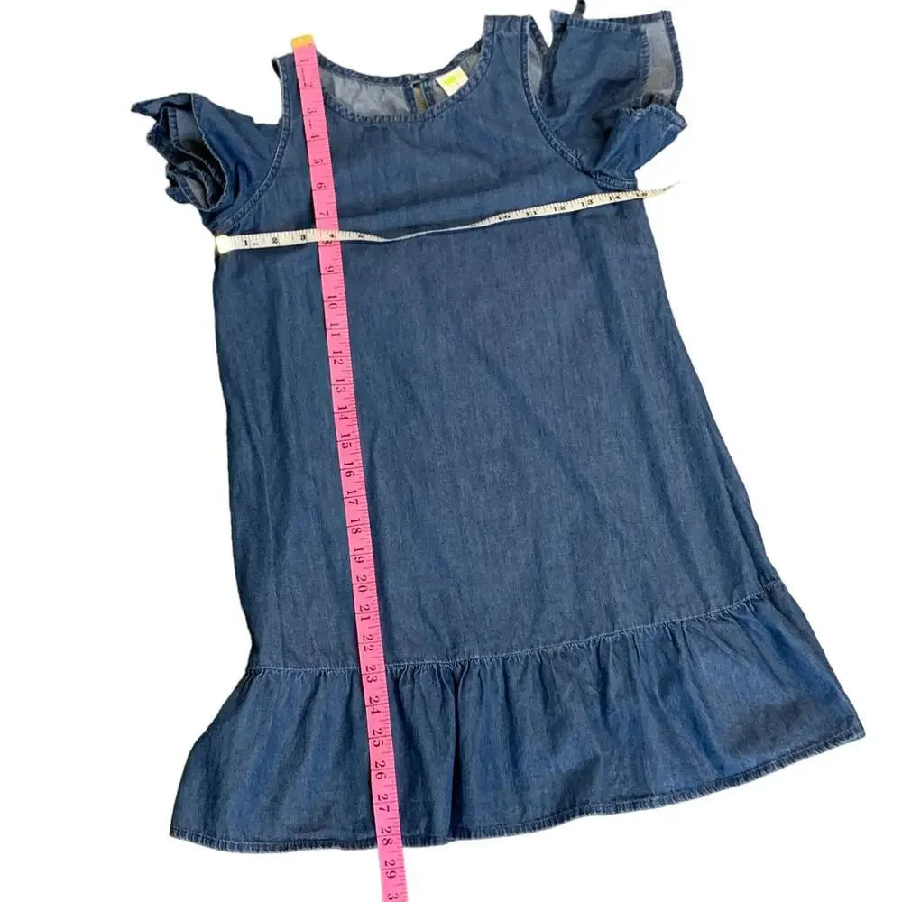 Crazy 8 Girls Chambray Denim Ruffled Aline Dress Cold Shoulder SZ 10 Cotton Blue